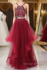 Burgundy two pieces beads long prom Dresses, burgundy evening Dresses