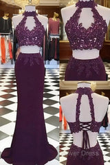 Burgundy Two Pieces Lace Long Prom Dresses, Evening Dresses