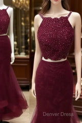 Burgundy Two Pieces Lace Tulle Long Prom Dresses