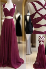 Burgundy Two Pieces Long Prom Dresses, Burgundy Evening Dresses