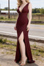 Burgundy V Neck Chiffon Bridesmaid Dress Long Prom Dresses With Pleated Split