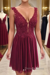 Burgundy v neck chiffon lace short prom Dresses, homecoming Dresses