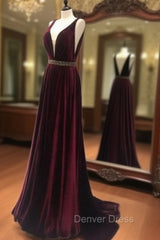 Burgundy V Neck Long Prom Dresses, Burgundy Evening Dresses