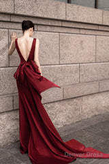 Burgundy V-Neck Satin Long Prom Dress, Burgundy Backless Evening Dress With Bow