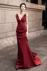 Burgundy V-Neck Satin Long Prom Dress, Burgundy Backless Evening Dress With Bow