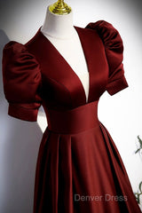 Burgundy V-Neck Satin Long Prom Dresses, Simple Short Sleeve Evening Party Dresses