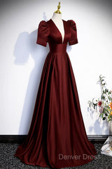 Burgundy V-Neck Satin Long Prom Dresses, Simple Short Sleeve Evening Party Dresses