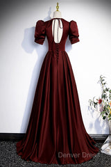 Burgundy V-Neck Satin Long Prom Dresses, Simple Short Sleeve Evening Party Dresses