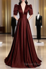 Burgundy V-Neck Satin Long Prom Dresses, Simple Short Sleeve Evening Party Dresses