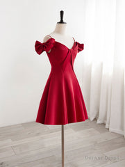 Burgundy V Neck Satin Short Prom Dress, Burgundy Homecoming Dress