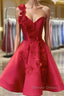 Burgundy v neck satin short prom Dress one shoulder cocktail Dresses