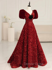 Burgundy V Neck Sequin Long Prom Dresses, Burgundy Evening Dresses