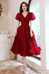 Burgundy V-Neck Short A-Line Prom Dress, Burgundy Short Sleeve Party Dress