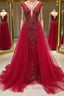 Burgundy v neck tulle beads long prom Dress, burgundy Prom Dresses