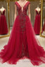 Burgundy v neck tulle beads long prom Dress, burgundy Prom Dresses