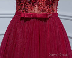 Burgundy V Neck Tulle Lace Long Prom Dress, Burgundy Evening Dress