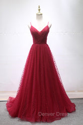 Burgundy V-Neck Tulle Long Prom Dresses, A-Line Backless Evening Party Dresses