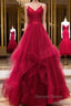 Burgundy v neck tulle long prom Dress, burgundy Prom Dresses