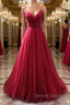 Burgundy v neck tulle long prom Dress, burgundy tulle Prom Dresses