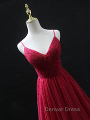 Burgundy v neck tulle long prom Dresses, burgundy tulle formal Dresses