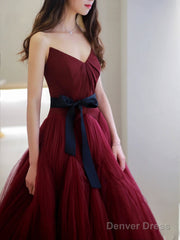 Burgundy V Neck Tulle Long Prom Dress, Burgundy Tulle Formal Evening Dress