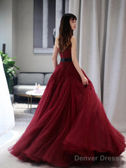 Burgundy V Neck Tulle Long Prom Dress, Burgundy Tulle Formal Evening Dress