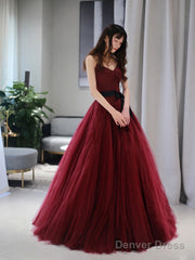 Burgundy V Neck Tulle Long Prom Dress, Burgundy Tulle Formal Evening Dress