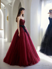 Burgundy V Neck Tulle Long Prom Dress, Burgundy Tulle Formal Evening Dress