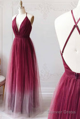 Burgundy V Neck Tulle Long Prom Dress Burgundy Tulle Long Formal Dress