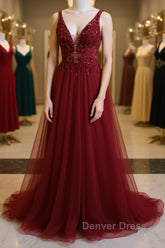 Burgundy v neck tulle sequin lace long prom Dresses