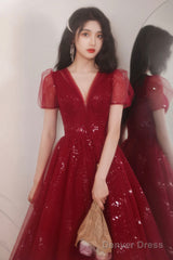 Burgundy V-Neck Tulle Short Prom Dress, A-Line Homecoming Party Dress
