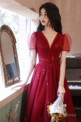 Burgundy V-Neck Tulle Short Prom Dress, A-Line Homecoming Party Dress