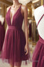 Burgundy v neck tulle short prom Dresses burgundy homecoming Dresses