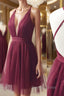 Burgundy v neck tulle short prom Dress burgundy homecoming Dresses