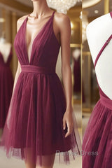 Burgundy v neck tulle short prom Dresses burgundy homecoming Dresses