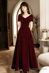 Burgundy V-Neck Velvet Floor Length Prom Dress, Off The Shoulder Evening Party Dress
