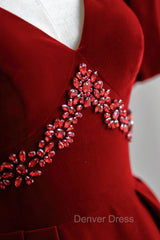 Burgundy V-Neck Velvet Long Formal Dresses, A-Line Short Sleeve Evening Dresses