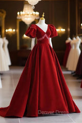 Burgundy V-Neck Velvet Long Formal Dresses, A-Line Short Sleeve Evening Dresses