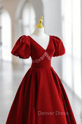 Burgundy V-Neck Velvet Long Formal Dresses, A-Line Short Sleeve Evening Dresses