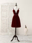 Burgundy V Neck Velvet Short Prom Dress, Burgundy Homecoming Dresses