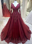 Burgundy V Neckline Tulle Long Sleeves With Lace Prom Dress, Burgundy Wedding Prom Dresses