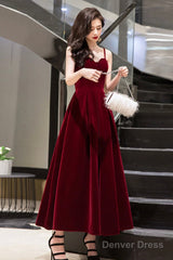 Burgundy Velvet A-Line Prom Dresses, Burgundy Evening Dresses