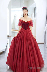 Burgundy Velvet And Tulle Floor Length Prom Dress, Beautiful Off The Shoulder Evening Party Dress