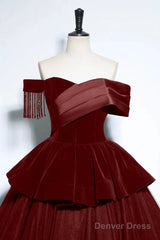 Burgundy Velvet And Tulle Long Formal Dress, A-Line Off The Shoulder Evening Party Dress