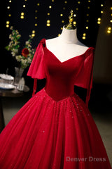 Burgundy Velvet And Tulle Long Prom Dress, A-Line V-Neck Formal Evening Dress
