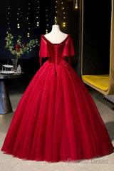 Burgundy Velvet And Tulle Long Prom Dress, A-Line V-Neck Formal Evening Dress