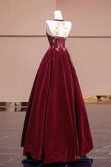 Burgundy Velvet Beaded Long Prom Dress, Elegant A-Line Evening Party Dress