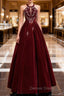 Burgundy Velvet Beaded Long Prom Dress, Elegant A Line Prom Dresses