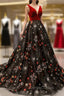 Burgundy Velvet Black Tulle Embroidery V Neck Backless Haute Couture Prom Dresses