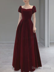 Burgundy Velvet Cap Sleeves Long Formal Dresses, A-Line Velvet Evening Dress Prom Dresss